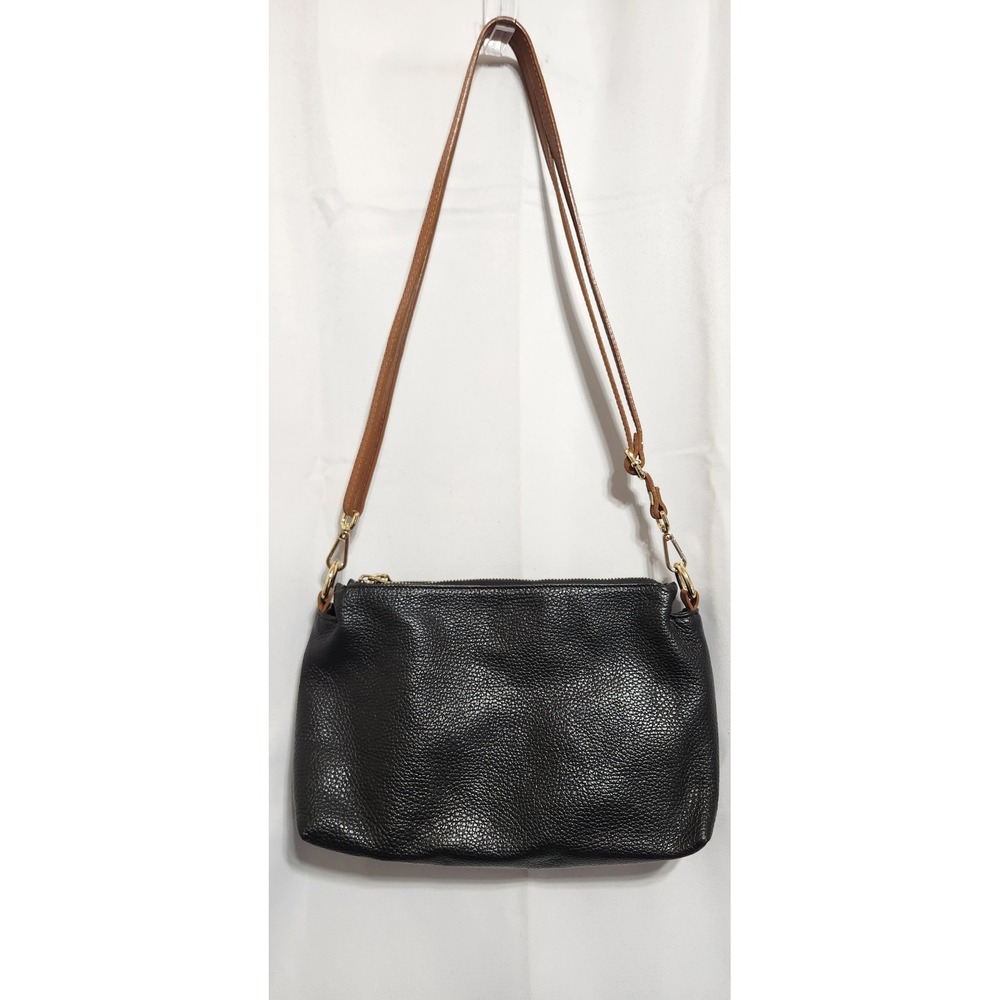 Valentina Black Pebbled Leather Crossbody Bag Tan Strap Gold Hardware Small
